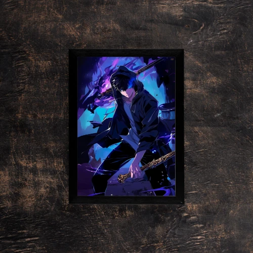 blue-shadowed-warrior,A4 poster of a figure in a hoodie, ready for battle with a glowing weapon