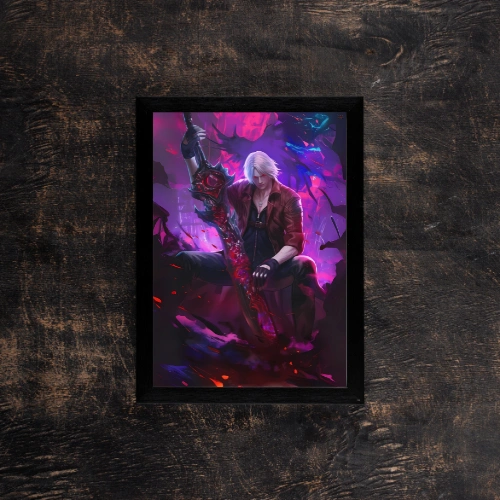 devil-may-cry-dante-sword,Poster of Dante from Devil May Cry, sitting with his Rebellion sword, exuding a dark and intense aura.