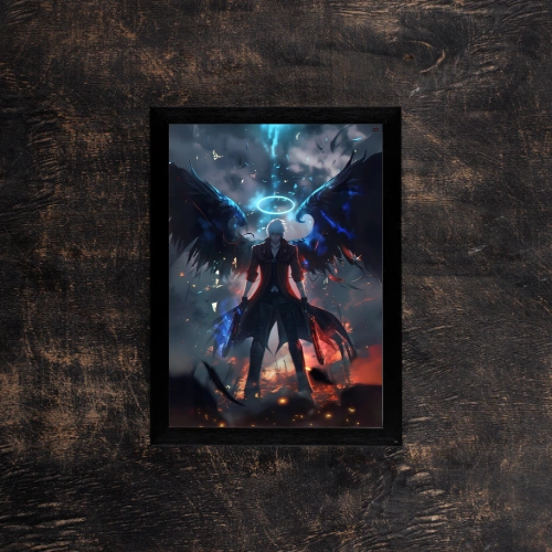 devil-may-cry-dante-angel-demon,Poster of Dante from Devil May Cry, standing with angel and demon wings, dual-wielding Ebony and Ivory guns in a powerful and heavenly pose.