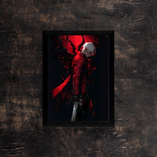 devil-may-cry-dante-red-coat,Poster of Dante from Devil May Cry, in his iconic red coat, with demonic wings, holding the Rebellion sword in a defiant and dark stance.
