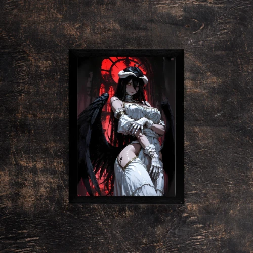 angelic-demoness-with-black-wings,A4 poster of a demoness with black wings, dressed in white, against a red background.