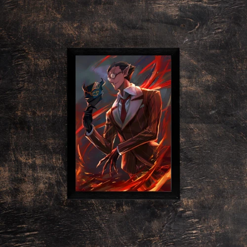 sinister-gentleman,A4 poster of a dark-suited man holding a mask amidst fiery chaos.