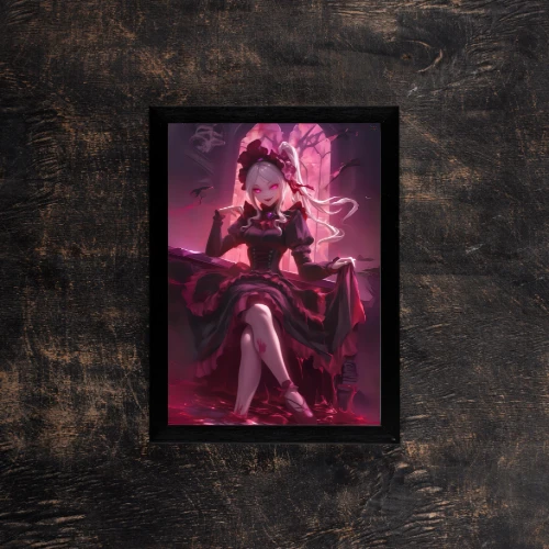 sinister-girl-in-red,A4 poster of a girl in a dark red dress with glowing eyes and an eerie smile.